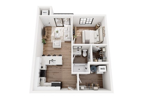 a stylized floor plan with a bedroom and a living room